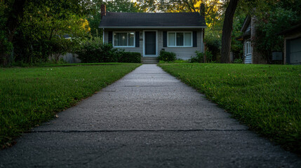 Fototapeta premium A Serene Walkway Leading to a Charming House Surrounded by Lush Greenery and Vibrant Evening Light in a Peaceful Neighborhood