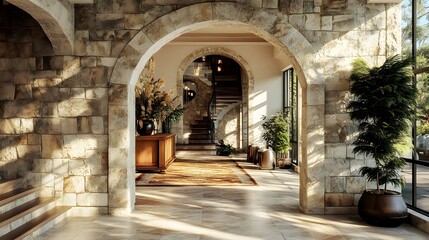 Sunlit Stone Archway Hallway Interior. Generative Ai