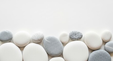 A line of smooth, rounded pebbles and stones, some white and some speckled grey, arranged on a white surface