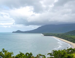 Coastal view of beach and mountains