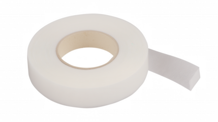 Close-up of a white adhesive tape roll with a light brown cardboard core on transparent background