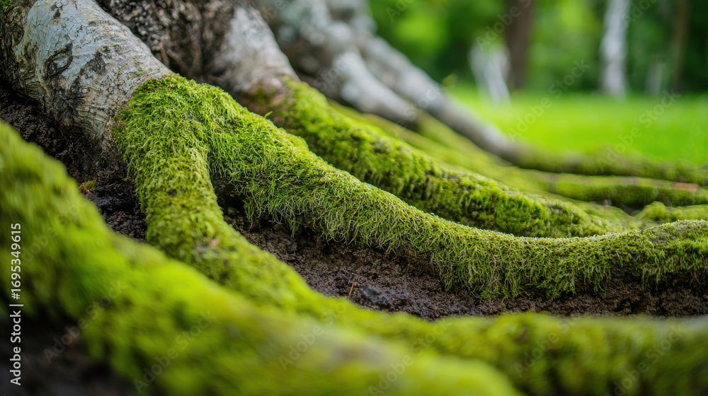 Poster close-up of tree roots covered in lush green moss in a sunlit forest setting flanked by softly blurr
