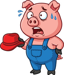 Cartoon pig in blue overalls, holding red hat, surprised expression, sweat drops, funny farm animal, cad drawing flat vector illustration