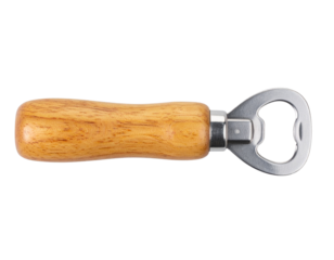 Flat Lay of Vintage Bottle Opener with Wooden Handle on White Surface, Isolated