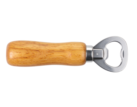 Flat Lay of Vintage Bottle Opener with Wooden Handle on White Surface, Isolated