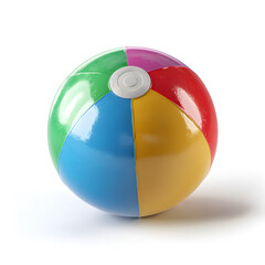 A colorful beach ball with vibrant panels and glossy surface, isolated on white background.
