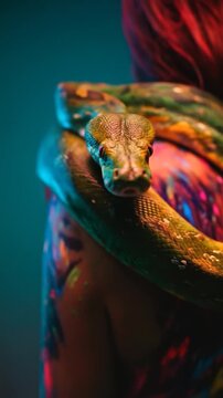 Green tree python coils across shoulder