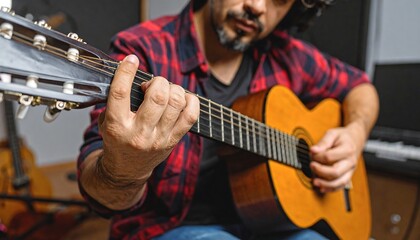 Close-up of a man playing acoustic guitar
