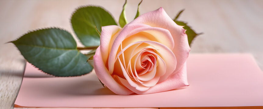 Pink rose placed on pastel paper. Gentle flower resting on pink card. Delicate blossom lying on blank stationery. Single pink rose on greeting letter. - Powered by Adobe