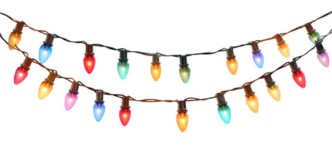 A colorful string of lights with glowing bulbs in various hues, arranged festively, isolated on white background.
