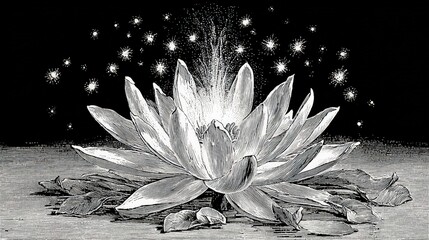 Beautiful detailed black and white illustration of a blooming water lily flower with sparkles and stars in the background creating a tranquil and enchanting scene