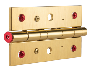  Golden Door Hinge with Bright Red Screws, Front View, Isolated on Transparent Background