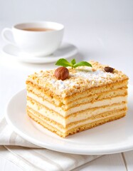 Creamy layered cake slice with nuts