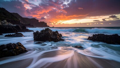 Dramatic sunset over rocky coastline with smooth water motion blur effect