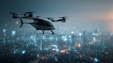 Futuristic electric vertical takeoff and landing aircraft flying over a glowing digital city network at dusk.