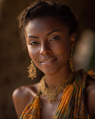 Graceful Radiance: Captivating Portrait of a Woman Adorned in Golden Jewelry. She looks into the camera with a gentle smile that emanates warmth and poise.
