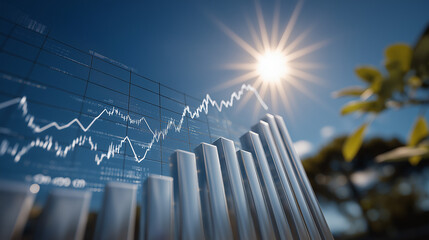 Sky-high Market: A dynamic graphical representation of financial data, with soaring charts and illuminating sunshine, represents market growth and investment opportunity.