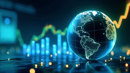 Digital globe representing global connectivity and economic growth with data charts in the background - Powered by Adobe