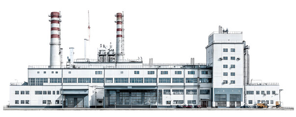 A large factory building with industrial architecture, smokestacks, and structural details, isolated on white background.