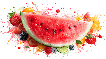 A juicy watermelon slice surrounded by vibrant fruit splashes and droplets, bursting with freshness and color, isolated on white background.