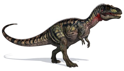 Obraz premium A detailed rendering of a large theropod dinosaur, showcasing intricate patterns and textures.