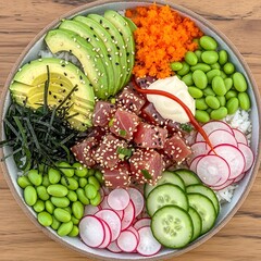 A vibrant poke bowl brimming with fresh tuna, avocado, edamame, and crunchy vegetables, showcasing a colorful and flavorful culinary creation.