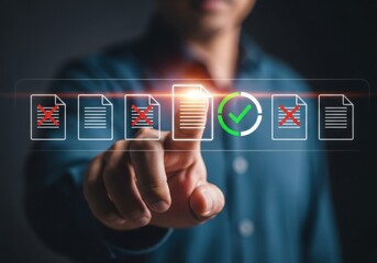 Photo of mans finger pressing a digital interface showing document approval status with checkmarks and crosses, representing workflow management and data validation