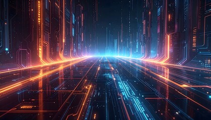 Obraz premium Futuristic Digital Highway with Neon Lights - Abstract Concept of Data Transmission and Technology