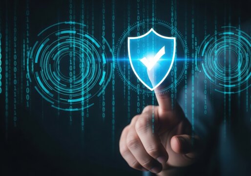 Photo of cyber security concept with a hand touching a glowing shield icon with a checkmark, representing data protection and network safety in a digital world