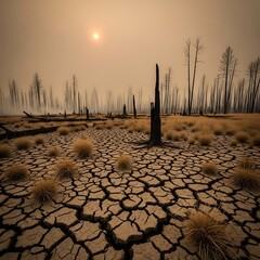 A landscape ravaged by drought and fire, revealing cracked earth and blackened tree stumps under a pale sky.