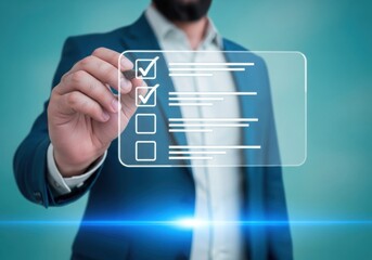 Photo of businessman checking off items on a digital checklist, symbolizing task completion and successful project management
