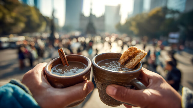 Warm drinks shared against a city backdrop, evoking a sense of community and cozy moments in a bustling environment.