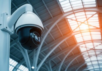 Photo of modern dome security camera mounted on a pole inside a large public building with distinctive architectural features and warm lighting