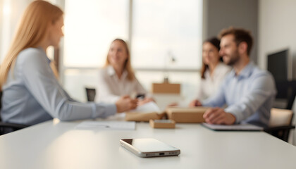 Team meeting in a modern office with a smartphone on the conference table