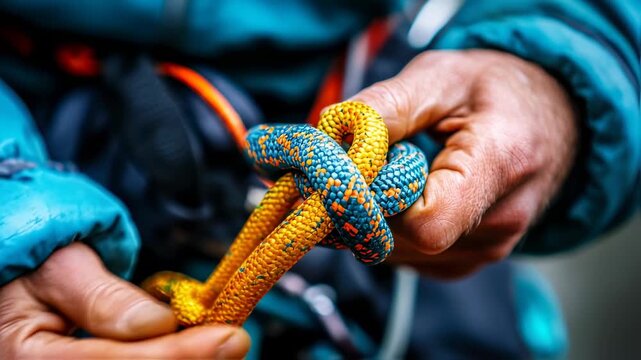 Close-up of Climber Tying a Knot in Climbing Rope for Safety and Security in Ascent Preparation