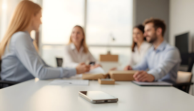 Team meeting in a modern office with a smartphone on the conference table - Powered by Adobe