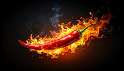 Plexiglas schilderij Hete pepers Fiery Spice: A Red Chili Pepper Engulfed in Flames on a Dark Backdrop  © Sultan