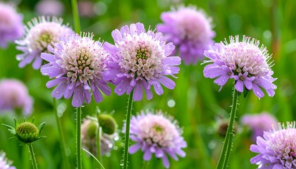 Obraz premium Close-up view of vibrant lavender blossoms with delicate details, showcasing the soft colors and intricate shapes of these beautiful flowers in a lush green field.