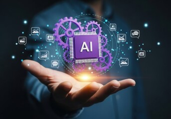 Photo of artificial intelligence concept with glowing ai chip and gears floating above a persons open hand, symbolizing future technology and innovation