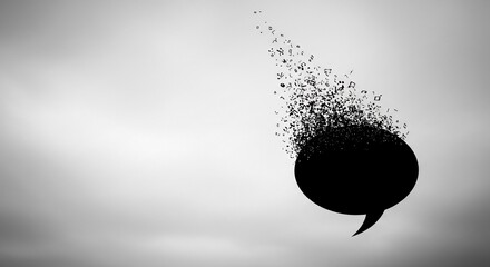 A black speech bubble with disintegrating particles against a gradient gray background design element