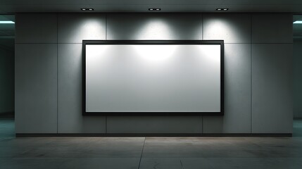 Empty large display billboard on a gray wall, illuminated by spotlights, creating a professional, modern presentation space.