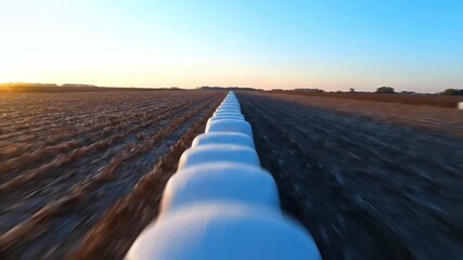 High-speed perspective shot racing alongside a seemingly endless row of white silage cotton bales across a vast agricultural field at sunset