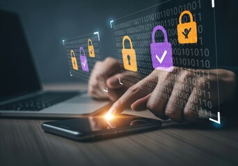 Photo of hands interacting with a smartphone and laptop, with digital security icons and binary code overlay, representing cybersecurity and data protection