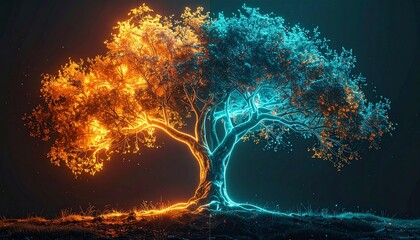 X-ray vertical diagram of abstract tree split orange and teal symbolizing growth and branching ideas