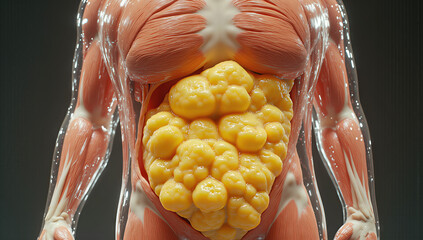 3D anatomical full-body render of human figure muscles fibrous clear striated tendons showing thick fat yellow porous sponge-like glossy uneven concentrated on stomach gut