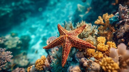 Starfish resting colorful coral vibrant marine wildlife macro stock photo in clear tropical sea