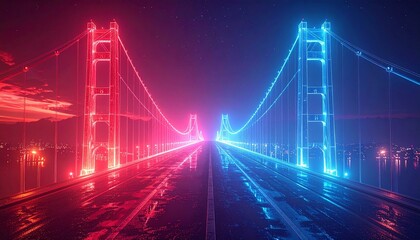 Obraz premium X-ray vertical diagram of abstract bridge connecting two sides in red and blue palette
