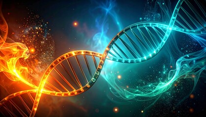 X-ray vertical diagram of abstract spiral DNA strands split orange and teal symbolizing innovation
