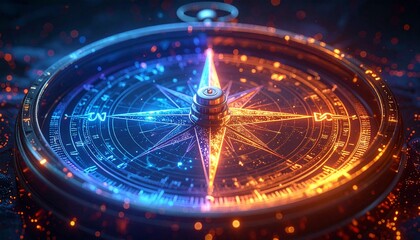 X-ray vertical diagram of abstract compass in blue and orange palette symbolizing direction