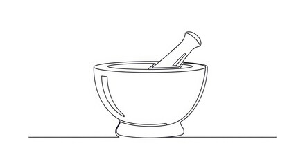 A simple line drawing of a mortar and pestle set against a white background on a horizontal line